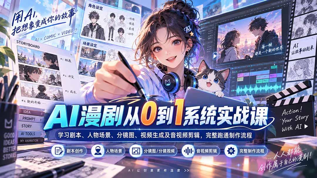 AI漫剧从0到1系统实战课:学习剧本、人物场景、分镜图、视频生成及音视频剪辑,完整跑通制作流程 图1