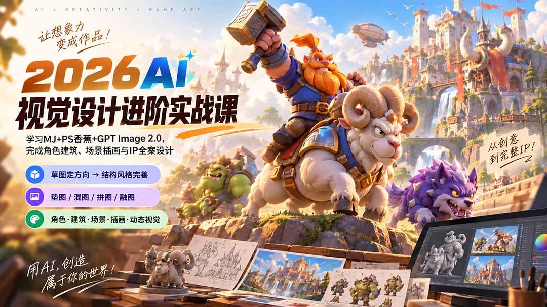 2026AI视觉设计进阶实战课-更新:学习MJ+PS香蕉+GPT Image 2.0,完成角色建筑、场景插画与IP全案设计 图1