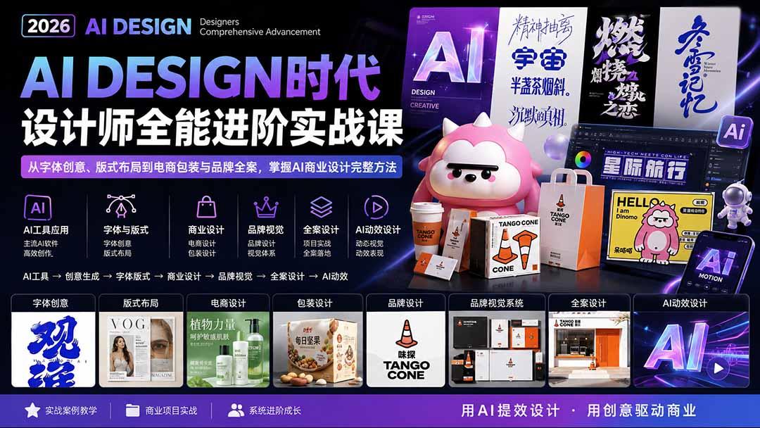2026AI DESIGN时代设计师全能进阶实战课：从字体创意、版式布局到电商包装与品牌全案，掌握AI商业设计完整方法 图1