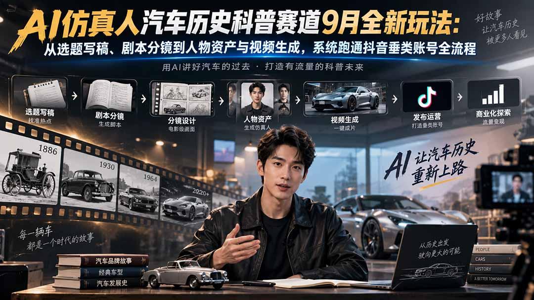 AI仿真人汽车历史科普赛道9月全新玩法:从选题写稿、剧本分镜到人物资产与视频生成,系统跑通抖音垂类账号全流程 图1