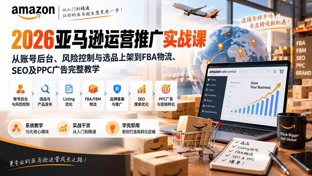 2026亚马逊运营推广实战课:从账号后台、风险控制与选品上架到FBA物流、SEO及PPC广告完整教学 图1