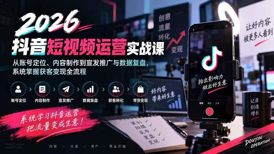 2026抖音短视频运营实战课：从账号定位、内容制作到宣发推广与数据复盘，系统掌握获客变现全流程 图1
