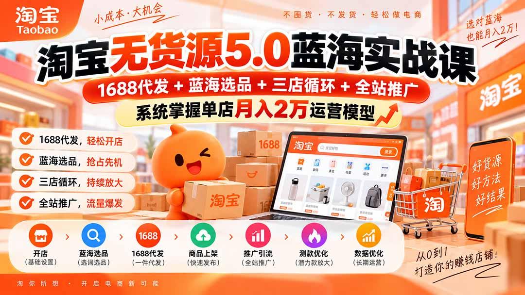 淘宝无货源5.0蓝海实战课-更新:1688代发+蓝海选品+三店循环+全站推广,系统掌握单店月入2万运营模型 图1