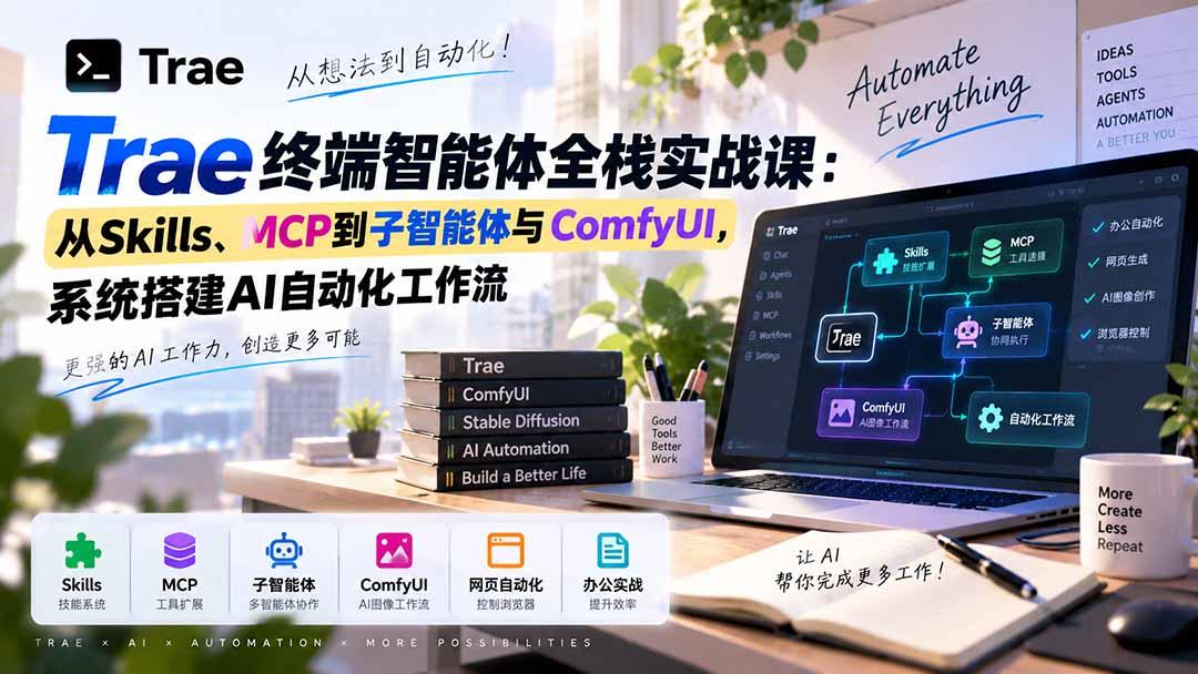 Trae终端智能体全栈实战课:从Skills、MCP到子智能体与ComfyUI,系统搭建AI自动化工作流 图1