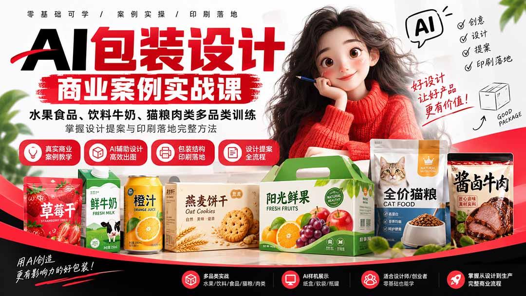 AI包装设计商业案例实战课:水果食品、饮料牛奶、猫粮肉类多品类训练,掌握设计提案与印刷落地完整方法 图1