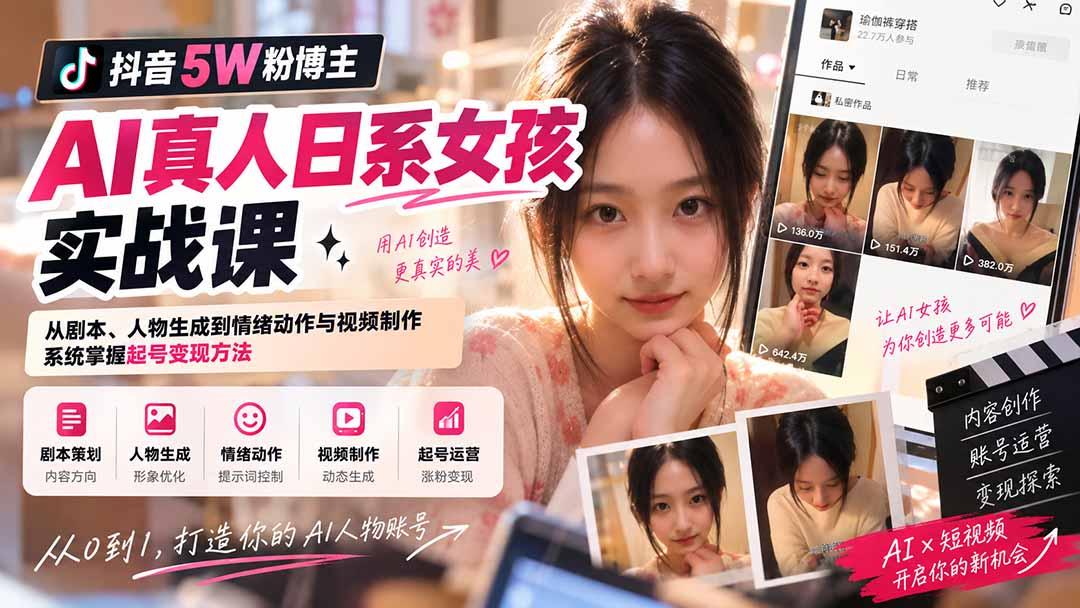 抖音5W粉博主AI真人日系女孩实战课：从剧本、人物生成到情绪动作与视频制作，系统掌握起号变现方法 图1
