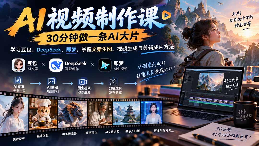 AI视频制作课-30分钟做一条AI大片：学习豆包、DeepSeek、即梦，掌握文案生图、视频生成与剪辑成片方法 图1