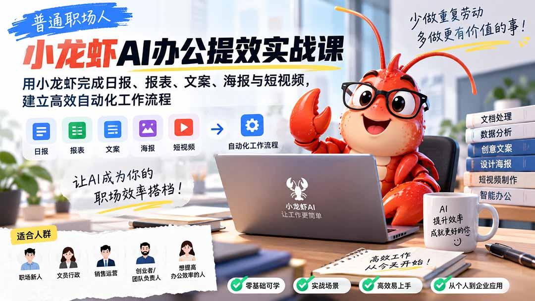 普通职场人AI办公提效实战课:用小龙虾完成日报、报表、文案、海报与短视频,建立高效自动化工作流程 图1