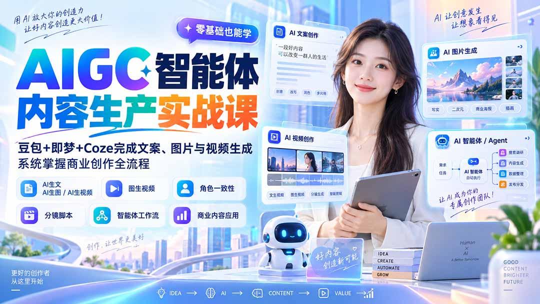 AIGC智能体内容生产实战课:豆包+即梦+Coze完成文案、图片与视频生成,系统掌握商业创作全流程 图1