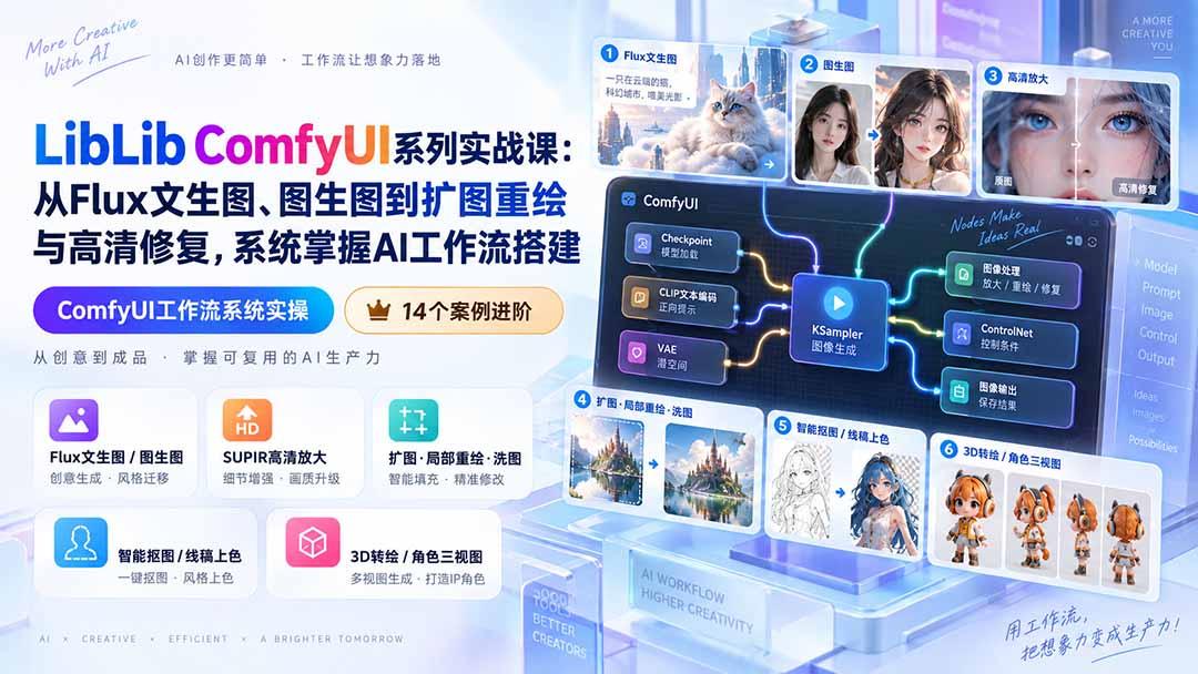 LibLib ComfyUI系列实战课:从Flux文生图、图生图到扩图重绘与高清修复,系统掌握AI工作流搭建 图1