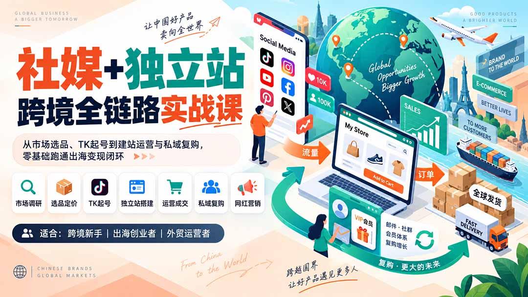 社媒+独立站跨境全链路实战课:从市场选品、TK起号到建站运营与私域复购,零基础跑通出海变现闭环 图1