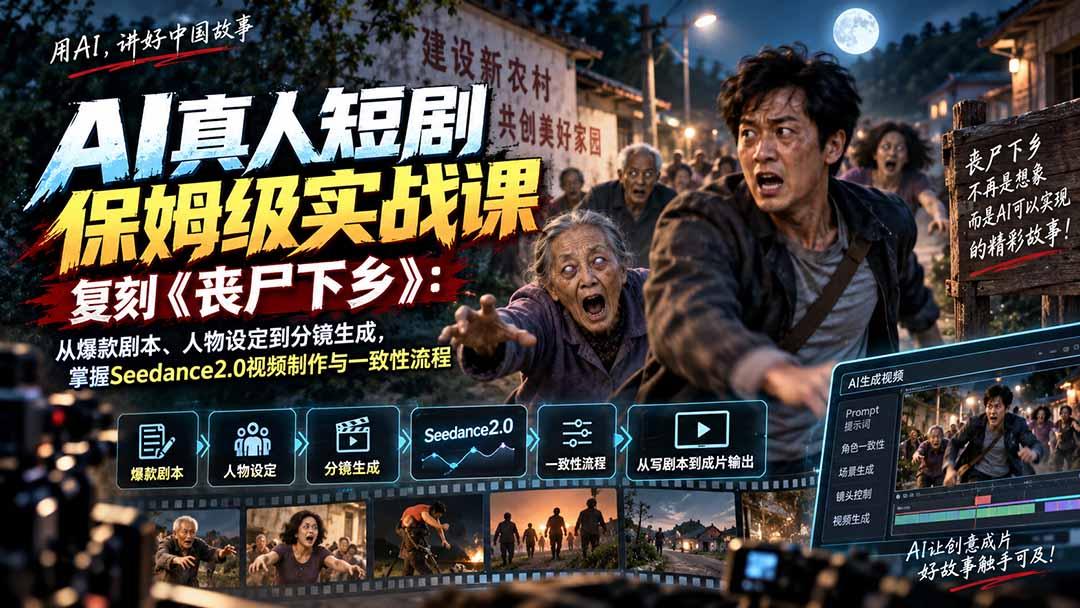 AI真人短剧保姆级实战课,复刻《丧尸下乡》:从爆款剧本、人物设定到分镜生成,掌握Seedance2.0视频制作与一致性流程 图1