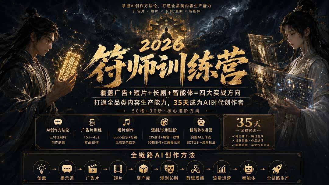 符师训练营-35天成为AI时代创作者,广告+短片+漫剧+智能体四大实战方向,掌握从创意到上线的完整工作流 图1