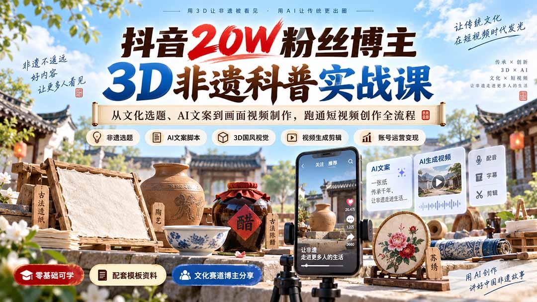 抖音20W粉丝博主3D非遗科普实战课:从文化选题、AI文案到画面视频制作,跑通短视频创作全流程 图1