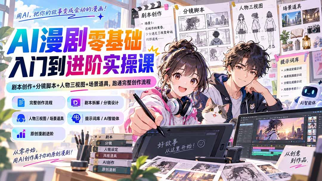 AI漫剧零基础入门到进阶实操课:剧本创作+分镜脚本+人物三视图+场景道具,跑通完整创作流程 图1