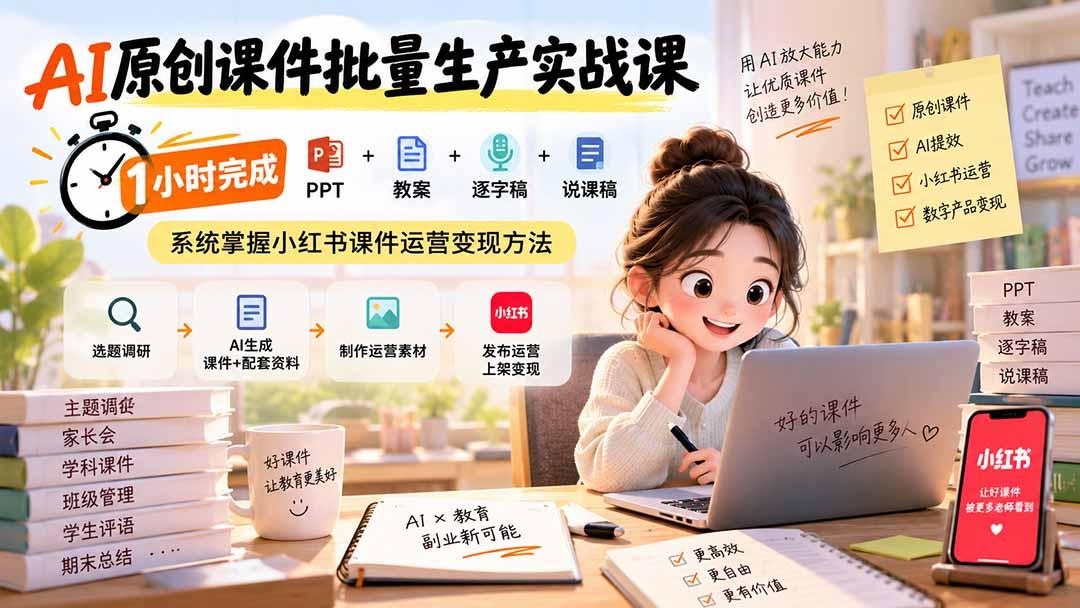 AI原创课件批量生产实战课:1小时完成PPT+教案+逐字稿+说课稿,系统掌握小红书课件运营变现方法 图1