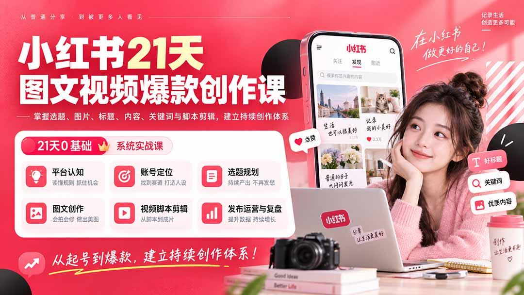 小红书21天图文视频爆款创作课:掌握选题、图片、标题、内容、关键词与脚本剪辑,建立持续创作体系 图1