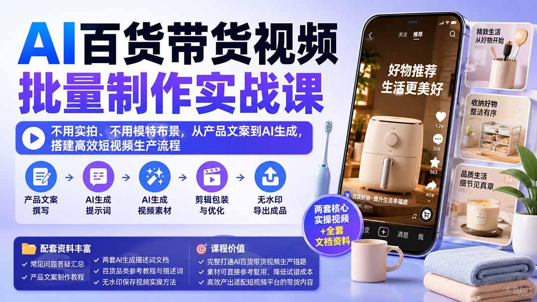AI百货带货视频批量制作实战课:不用实拍、不用模特布景,从产品文案到AI生成,搭建高效短视频生产流程 图1