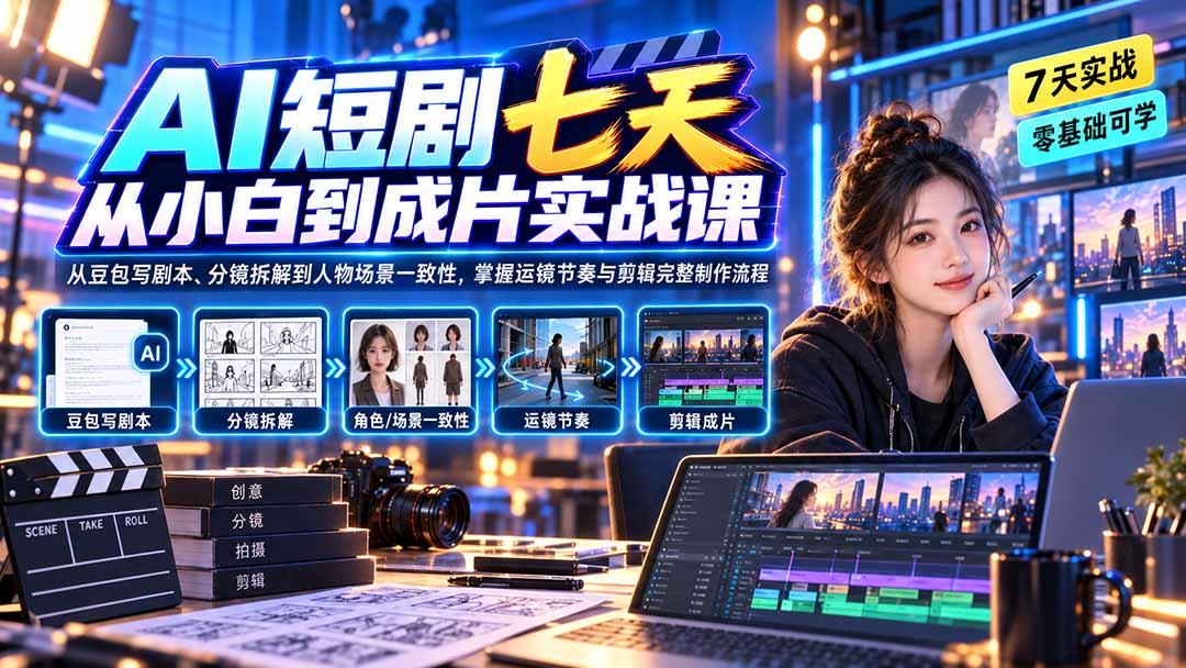 AI短剧七天从小白到成片实战课:从豆包写剧本、分镜拆解到人物场景一致性,掌握运镜节奏与剪辑完整制作流程 图1