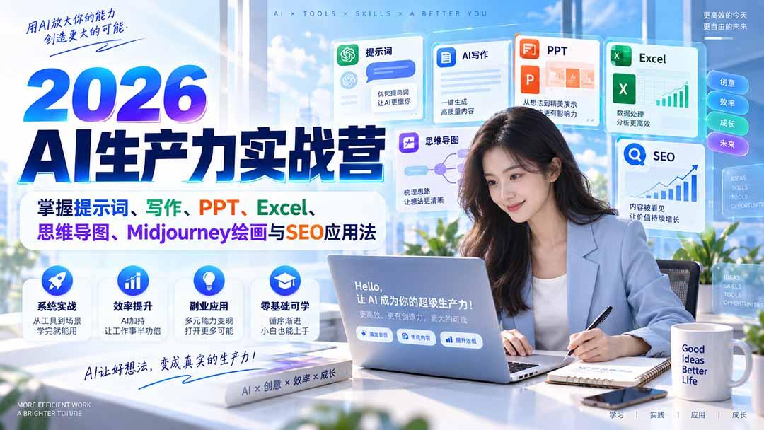 2026AI生产力实战营:掌握提示词、写作、PPT、Excel、思维导图、Midjourney绘画与SEO应用法 图1