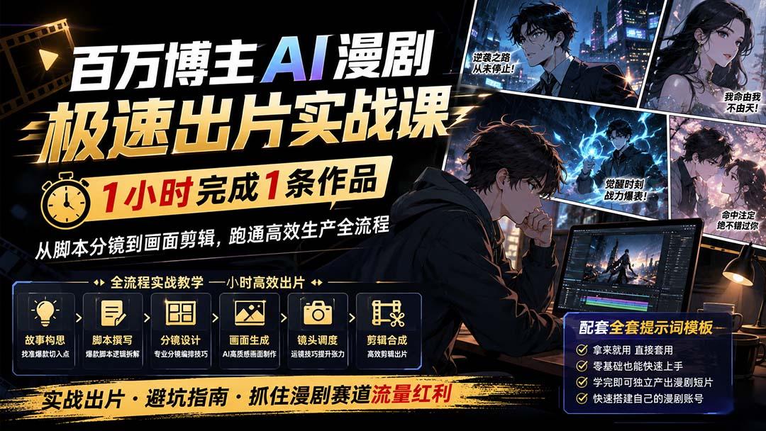 百万博主AI漫剧极速出片实战课:1小时产出条作品,从脚本分镜到画面剪辑,跑通高效生产全流程 图1