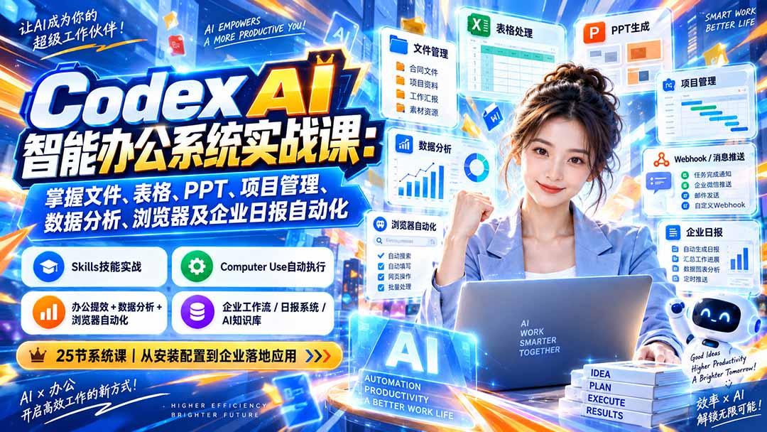 Codex AI智能办公系统实战课：掌握文件、表格、PPT、项目管理、数据分析、浏览器及企业日报自动化 图1