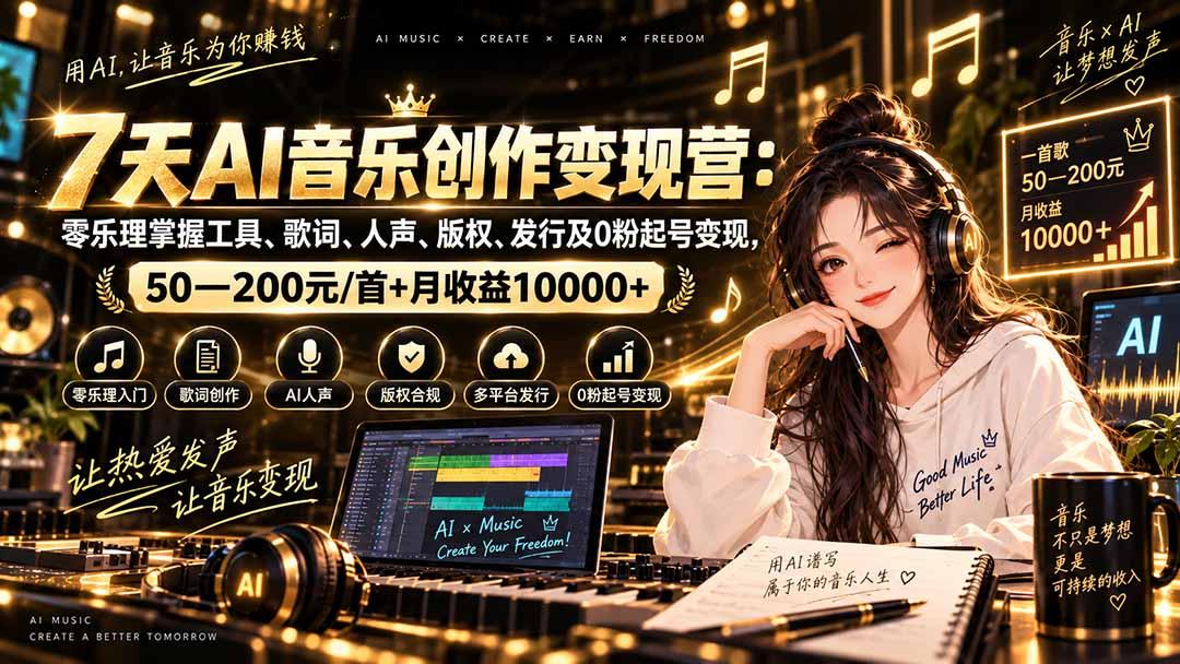 AI音乐创作变现营：零乐理掌握工具、歌词、人声、版权、发行及0粉起号变现，50—200元/首+月收益10000+ 图1