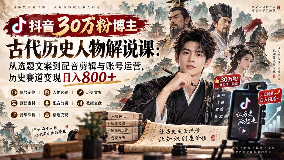 抖音30万粉博主古代历史人物解说课：从选题文案到配音剪辑与账号运营，历史赛道变现日入800+ 图1
