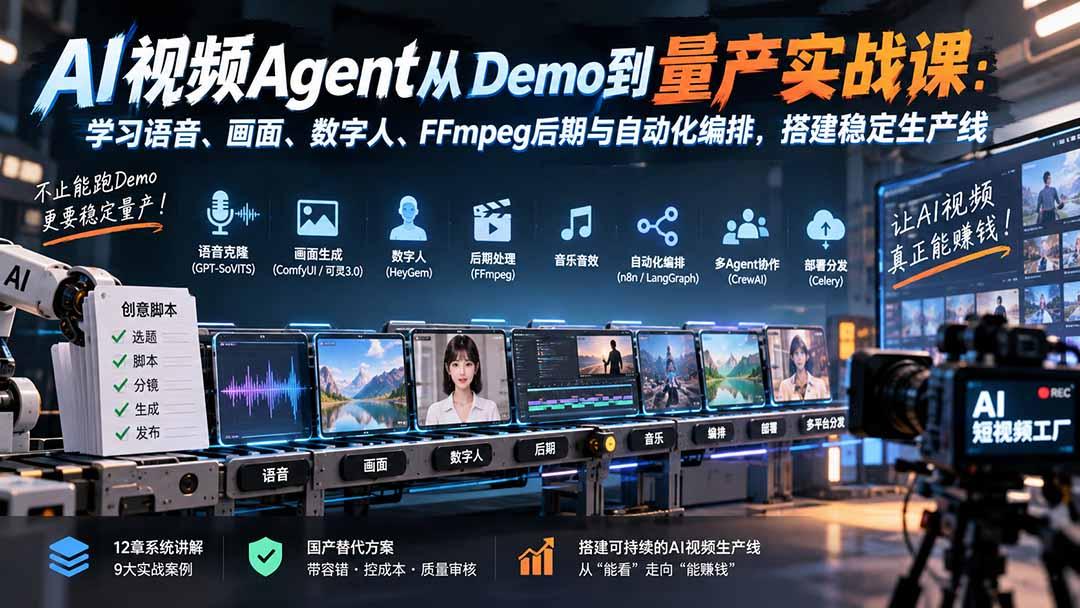 AI视频Agent从Demo到量产实战课:学习语音、画面、数字人、FFmpeg后期与自动化编排,搭建稳定生产线 图1