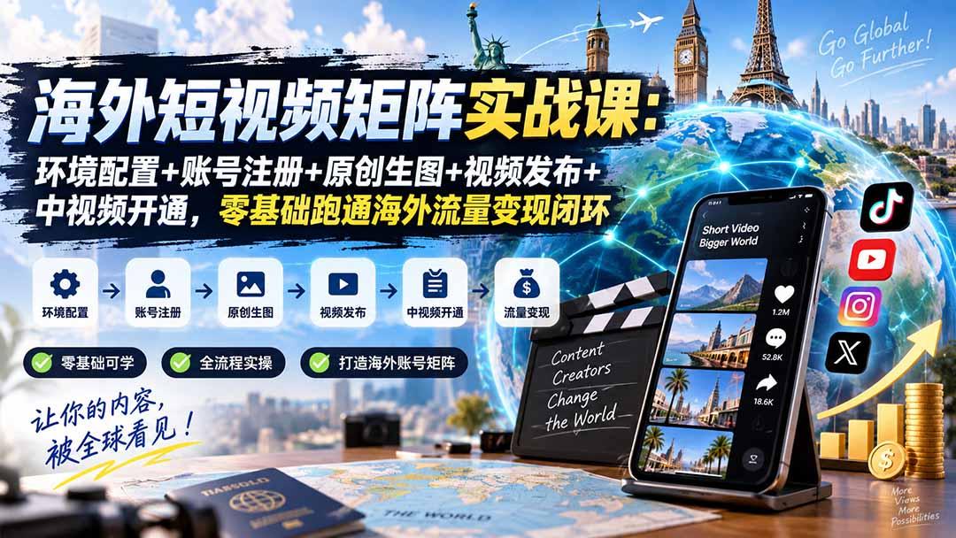 海外短视频矩阵实战课:环境配置+账号注册+原创生图+视频发布+中视频开通,零基础跑通海外流量变现闭环 图1