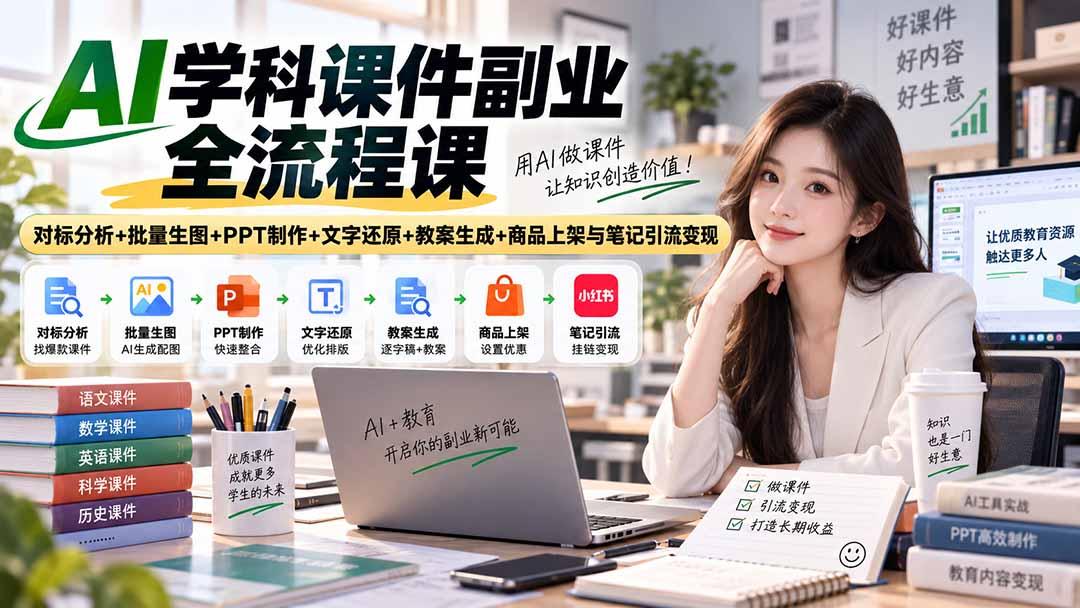 AI学科课件副业全流程课|对标分析+批量生图+PPT制作+文字还原+教案生成+商品上架与笔记引流变现 图1