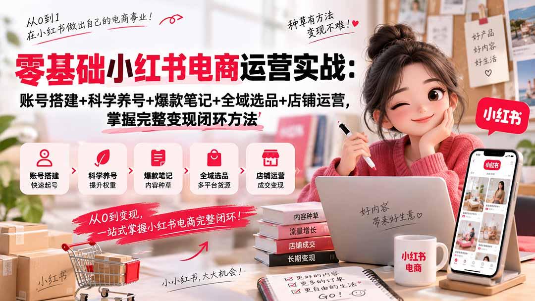 零基础小红书电商运营实战:账号搭建+科学养号+爆款笔记+全域选品+店铺运营,掌握完整变现闭环方法 图1