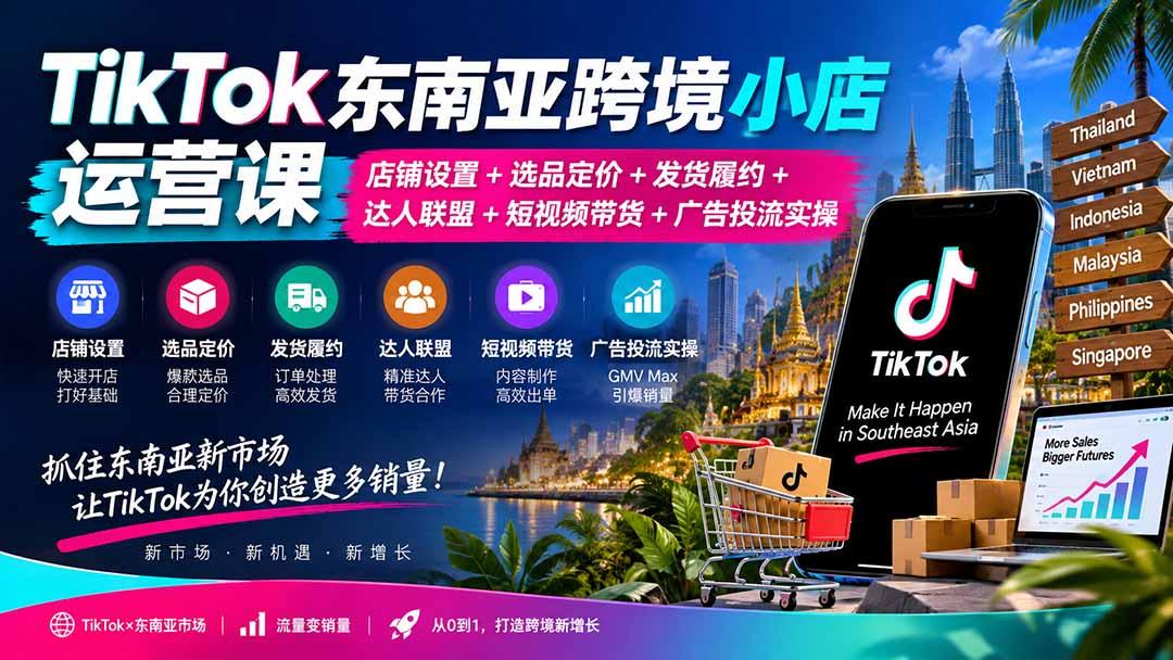 TikTok东南亚跨境小店运营课:店铺设置+选品定价+发货履约+达人联盟+短视频带货+广告投流实操 图1