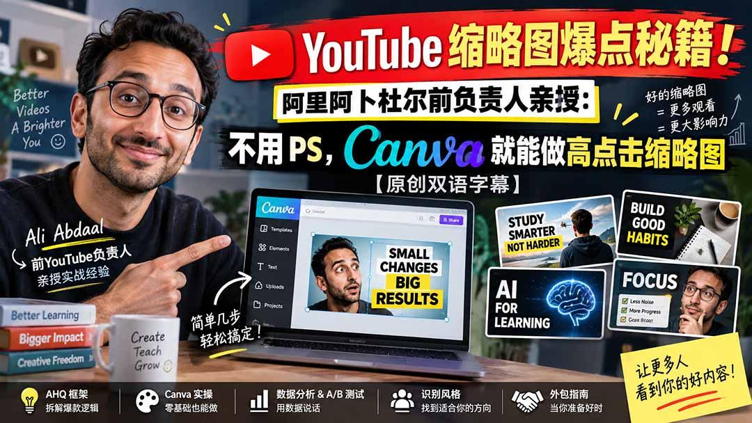 YouTube 缩略图爆点秘籍!阿里阿卜杜尔前负责人亲授:不用 PS,Canva 就能做高点击缩略图【原创双语字幕】 图1