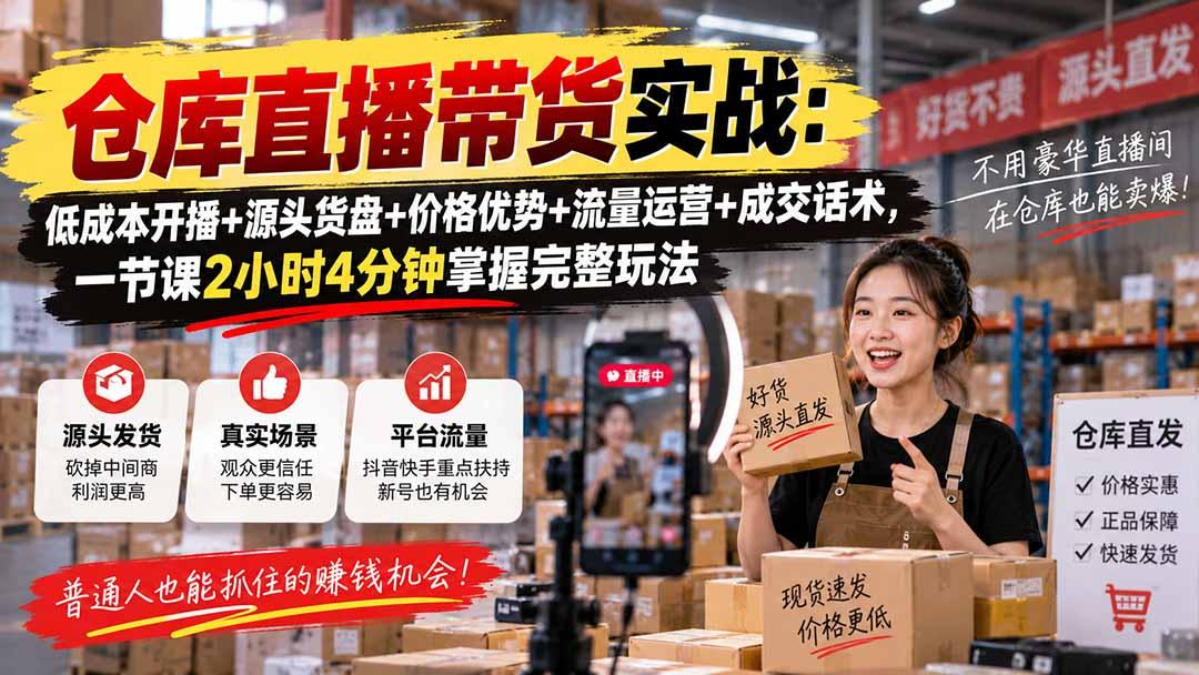 仓库直播带货实战:低成本开播+源头货盘+价格优势+流量运营+成交话术,一节课2小时4分钟掌握完整玩法 图1