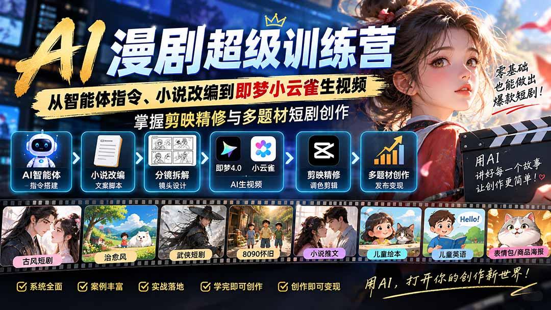 AI漫剧超级特训营:从智能体指令、小说改编到即梦小云雀生视频,掌握剪映精修与多题材短剧创作 图1