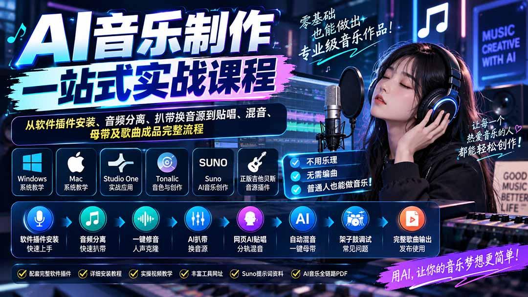 AI音乐制作一站式实战课程:从软件插件安装、音频分离、扒带换音源到贴唱、混音、母带及歌曲成品完整流程 图1
