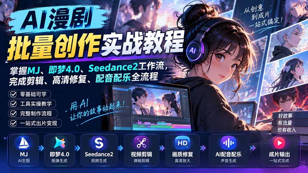 AI漫剧批量创作实战教程:掌握MJ、即梦4.0、Seedance2工作流,完成剪辑、高清修复、配音配乐全流程 图1