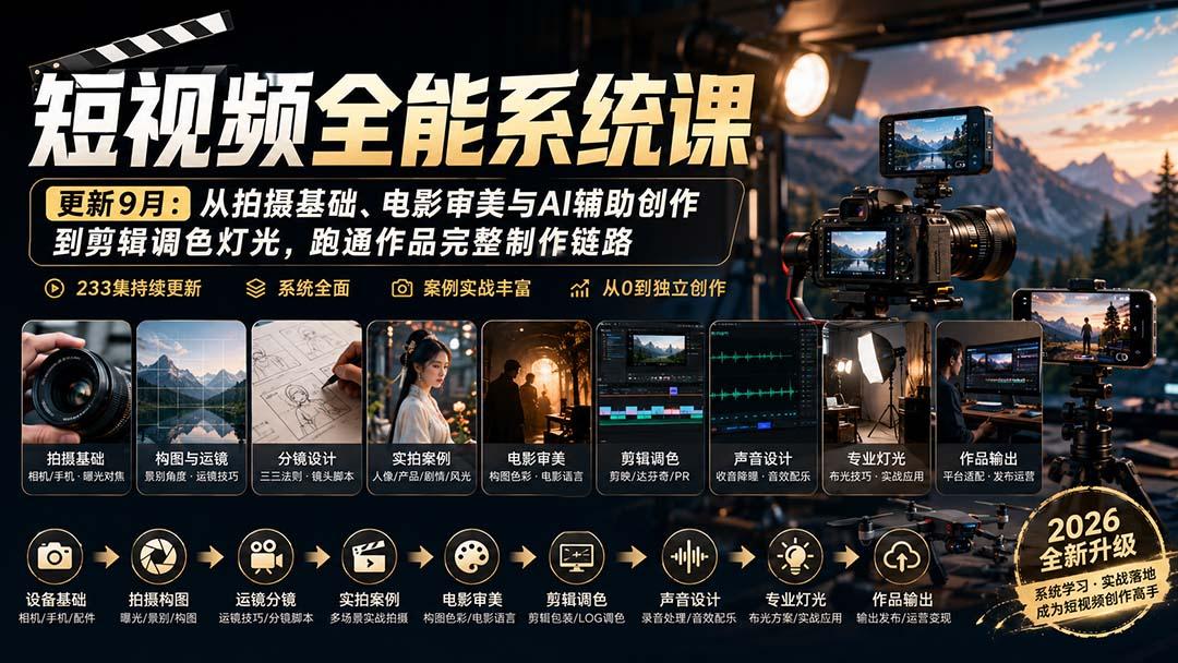 短视频全能系统课-更新8月233集:从拍摄基础、电影审美与AI辅助创作到剪辑调色灯光,跑通作品完整制作链路 图1