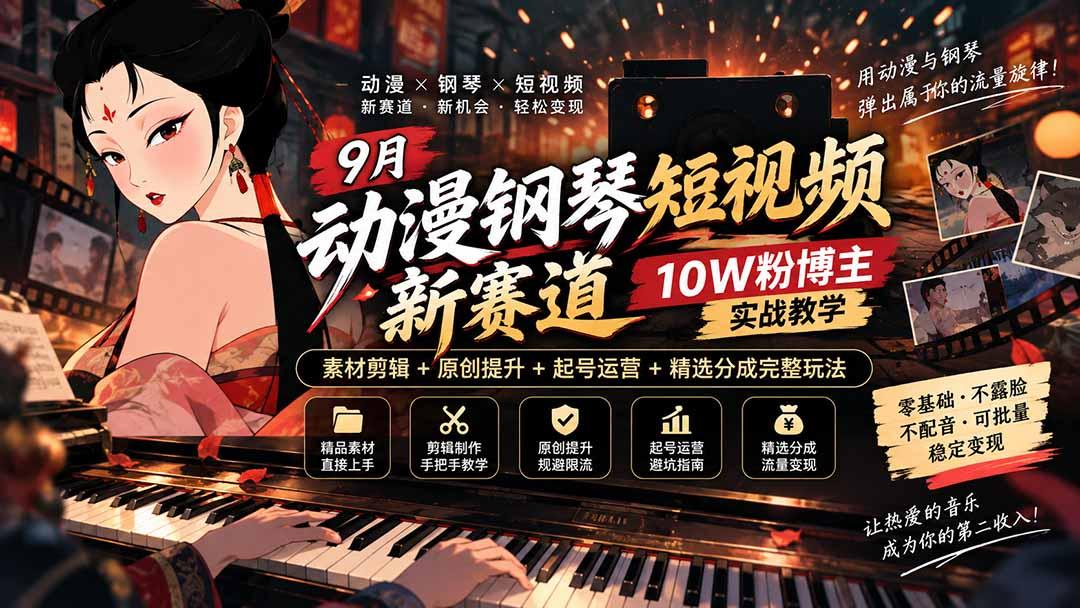 9月动漫钢琴短视频新赛道|10W粉博主实战教学,素材剪辑+原创提升+起号运营+精选分成完整玩法 图1