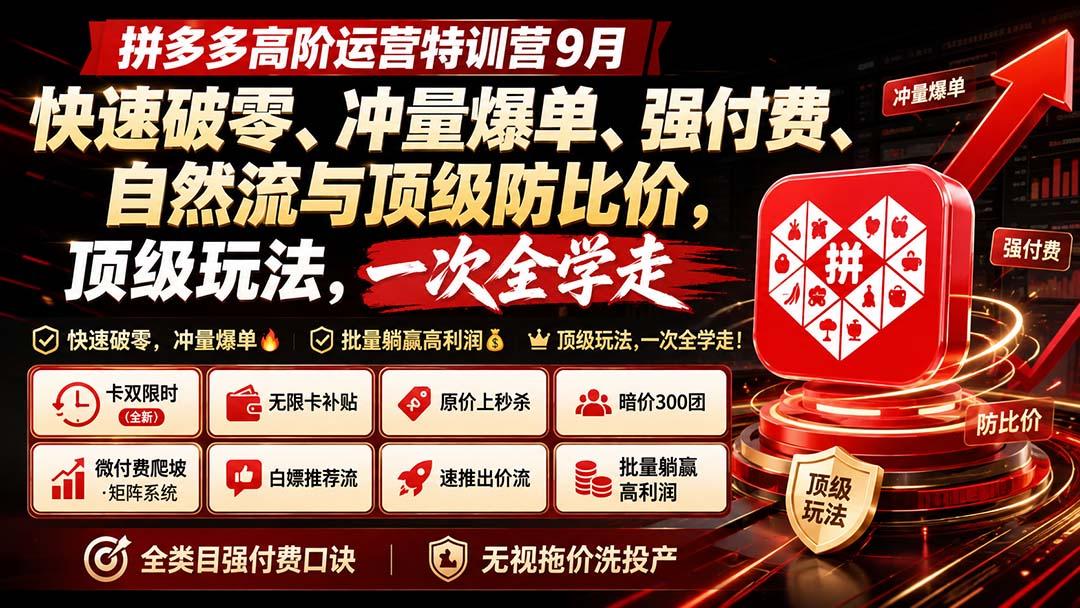 拼多多高阶运营特训营9月：快速破零、冲量爆单、强付费、自然流与顶级防比价， 顶级玩法，一次全学走 图1