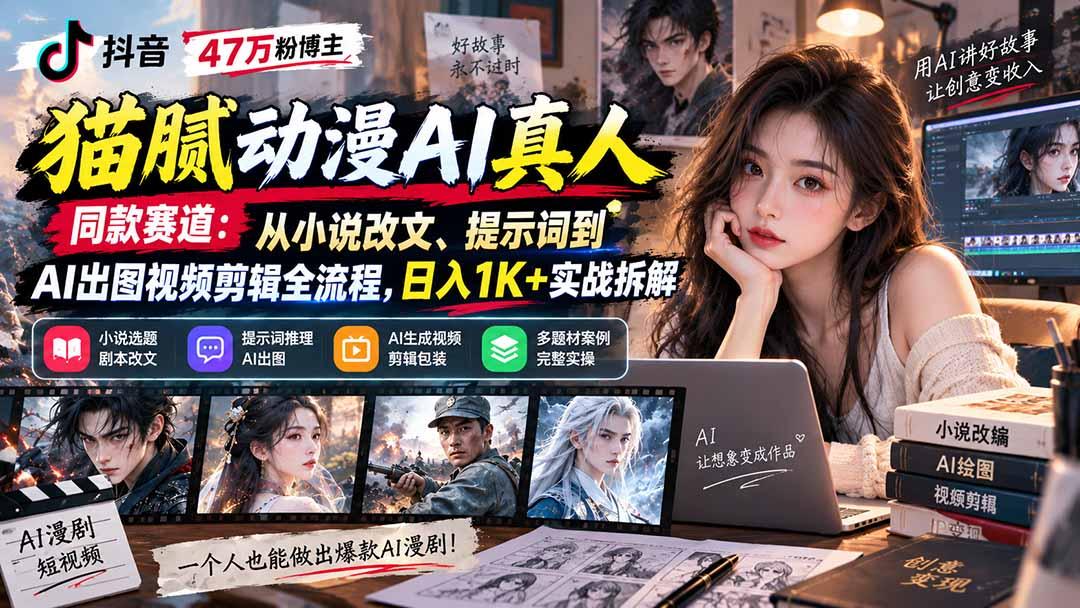 抖音47万粉博主猫腻动漫AI真人同款赛道:从小说改文、提示词到AI出图视频剪辑全流程,日入1K+实战拆解 图1