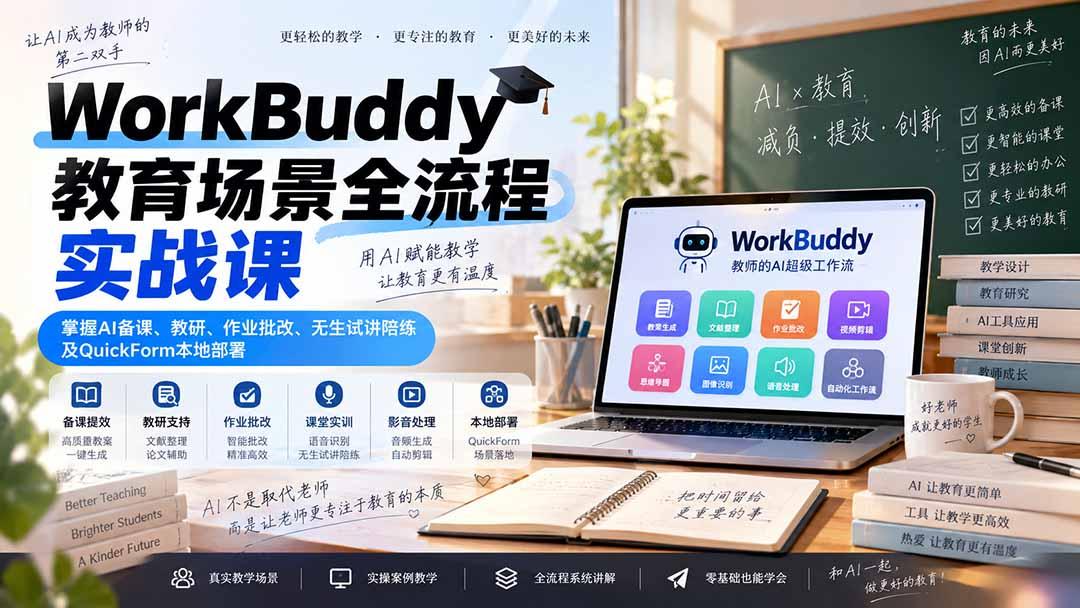 WorkBuddy教育场景全流程实战课:掌握AI备课、教研、作业批改、无生试讲陪练及QuickForm本地部署 图1