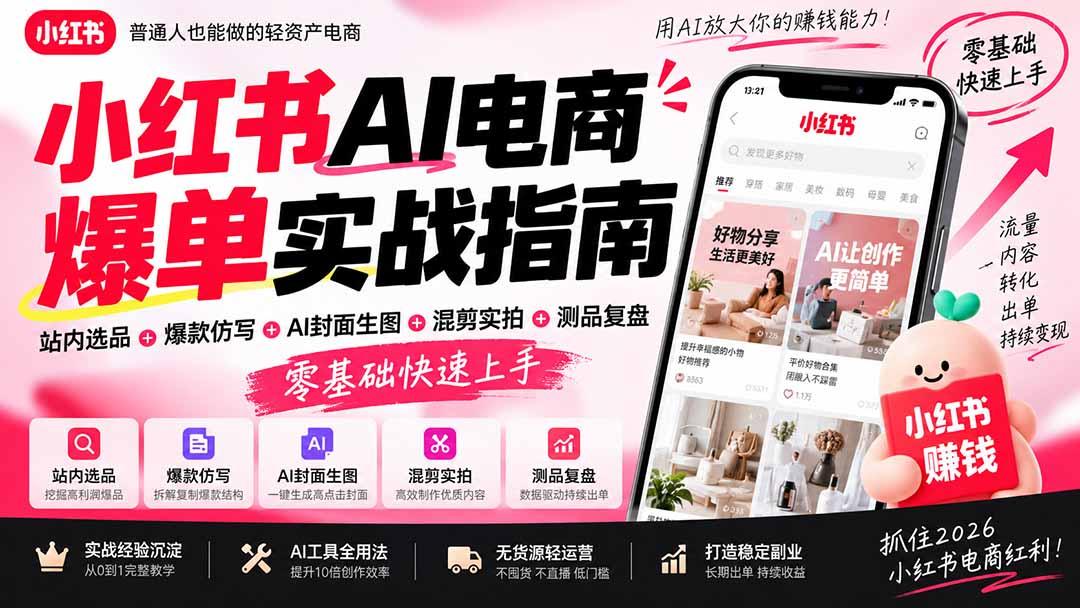 2026小红书AI电商爆单实战指南:站内选品+爆款仿写+AI封面生图+混剪实拍+测品复盘,零基础快速上手 图1