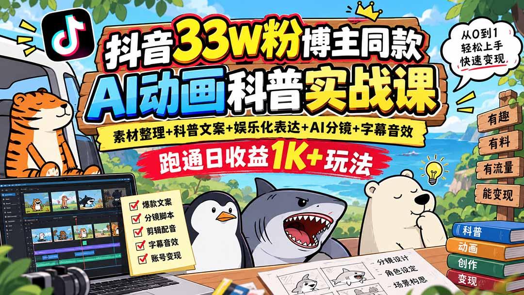 抖音33W粉博主同款AI动画科普实战课｜素材整理+科普文案+娱乐化表达+AI分镜+字幕音效，跑通日收益1K+玩法 图1