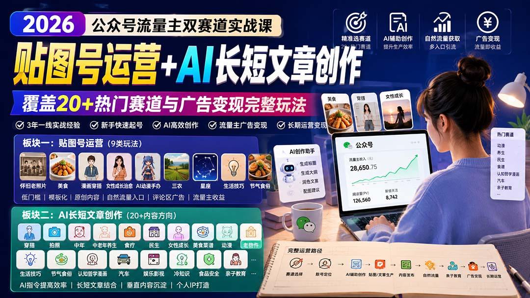 公众号流量主双赛道实战课:贴图号运营+AI长短文章创作,覆盖20+热门赛道与广告变现完整玩法 图1