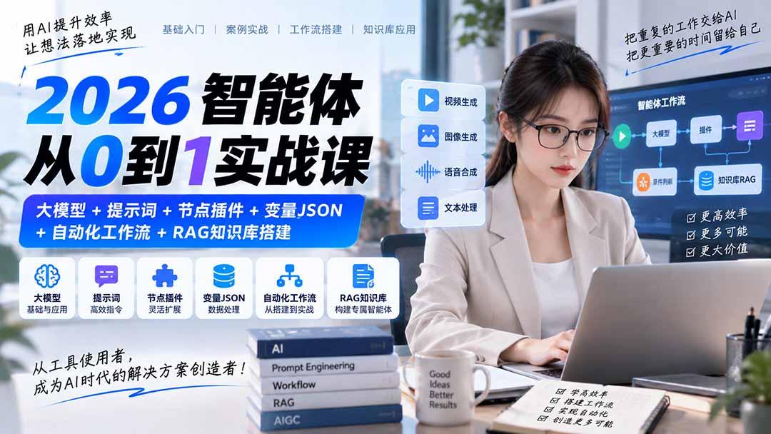 2026智能体从0到1实战课｜大模型+提示词+节点插件+变量JSON+自动化工作流+RAG知识库搭建 图1