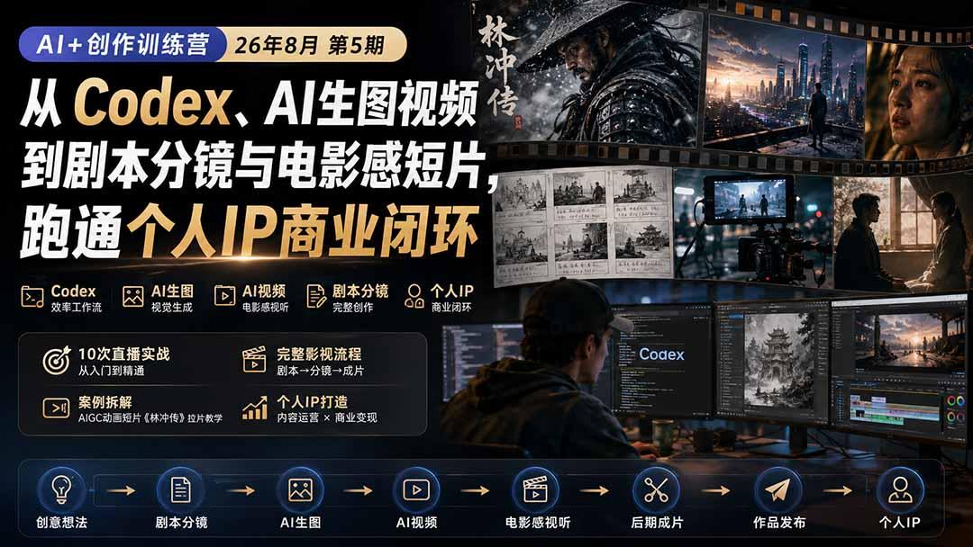 AI+创作训练营26年8月第5期：从Codex、AI生图视频到剧本分镜与电影感短片，跑通个人IP商业闭环 图1