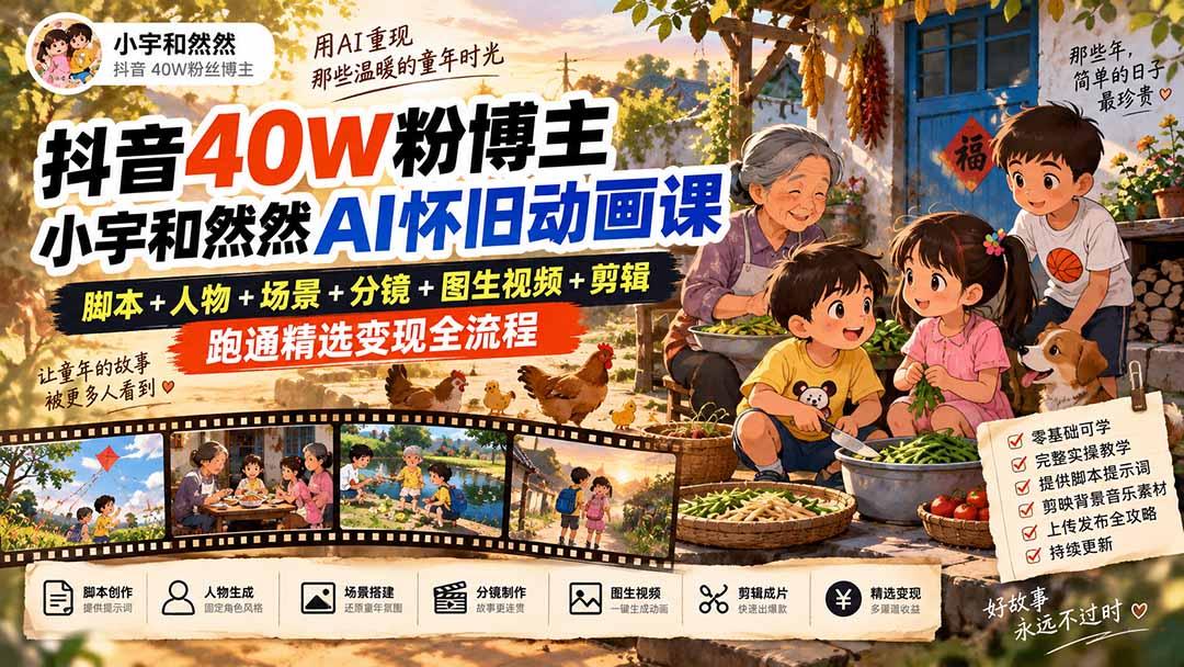 抖音40W粉博主小宇和然然AI怀旧动画课｜脚本+人物+场景+分镜+图生视频+剪辑，跑通精选变现全流程 图1