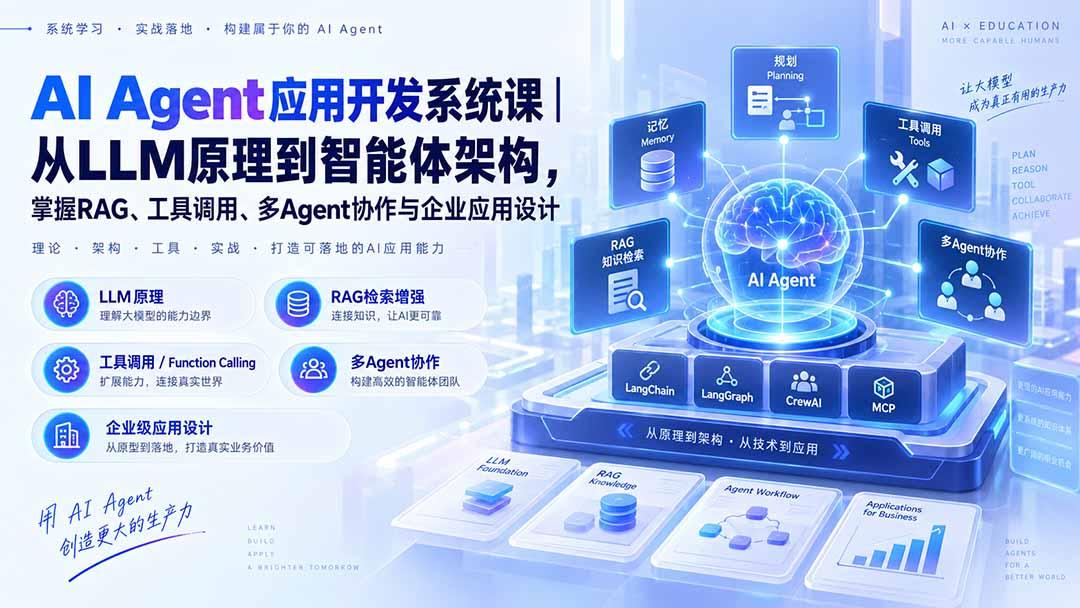 AI Agent应用开发系统课-179节｜从LLM原理到智能体架构，掌握RAG、工具调用、多Agent协作与企业应用设计 图1